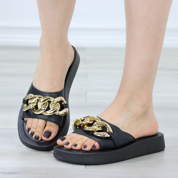 Black Chunky Comfy Flat Sandal Slip On Sliders - Picture 13 of 14